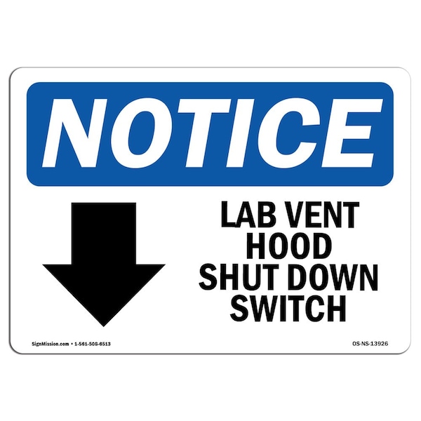 Sign, 7" H, Aluminum, Lab Vent Hood Shut Down Switch Sign With Symbol, Landscape, L-13926